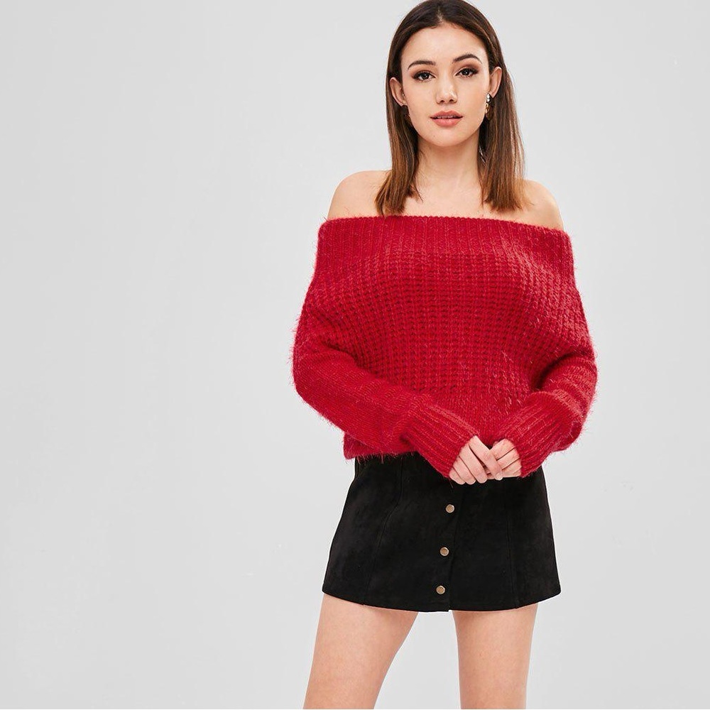 WISHFUL THINKING Red Chenille Eyelash Knit Chunky Off Shoulder Sweater - Sz S/M
